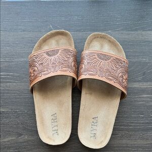 Myra Bag Embossed Brown Slide Sandals